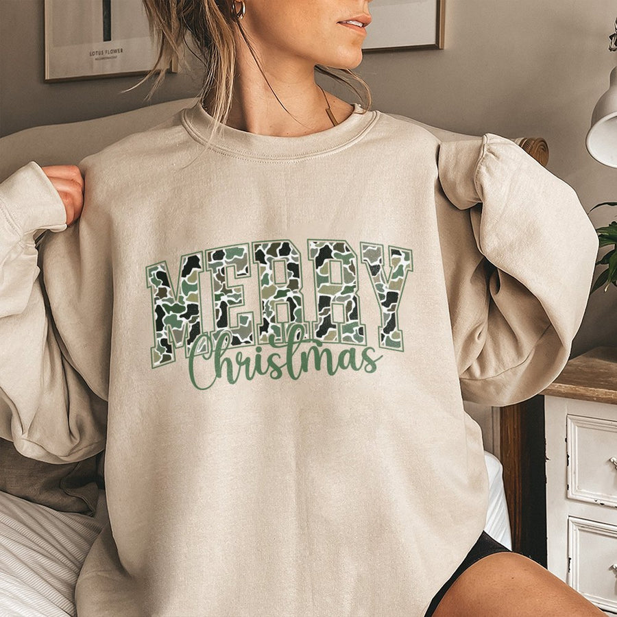 Merry Christmas Sweatshirt | Camo Print Varsity Lettering | Cotton Poly Blend | Unisex Holiday Gift for Her, Hunting Enthusiast, Outdoor Lover