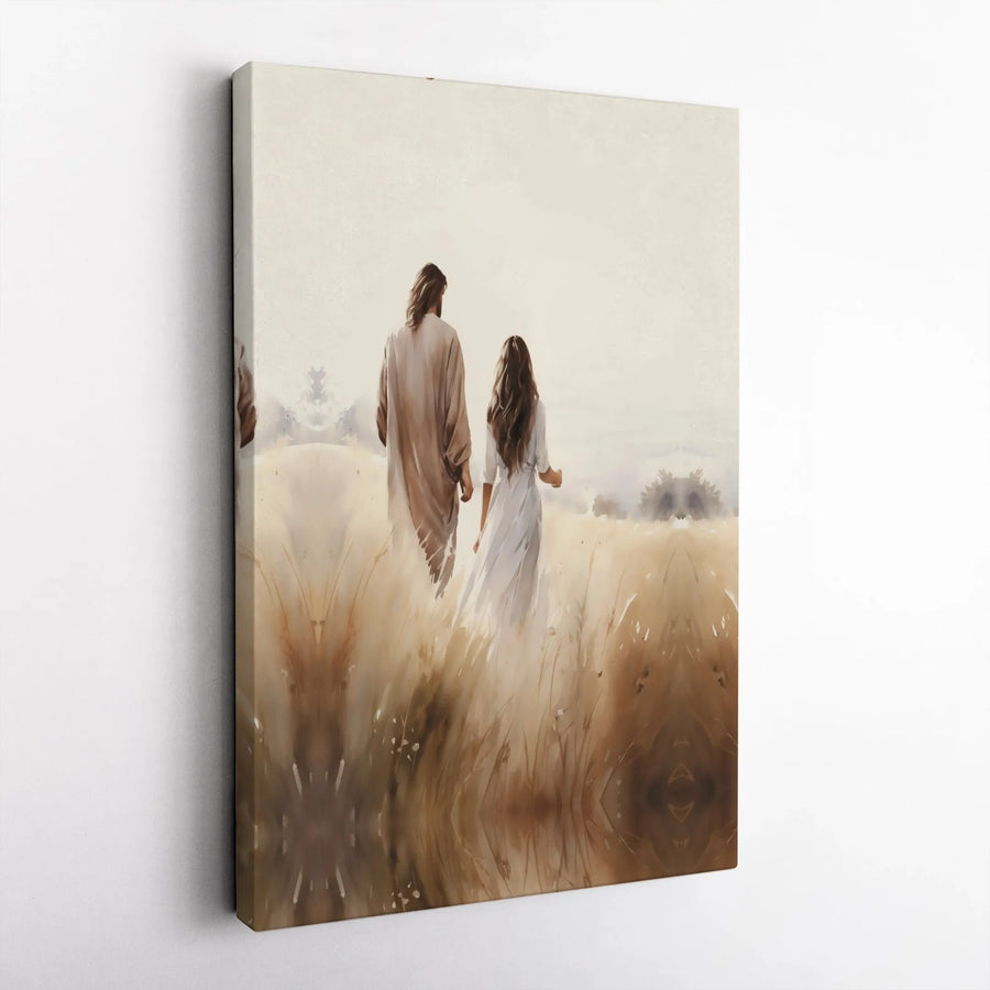 Jesus Walking With Child Canvas Print | Religious Field Landscape Art | Premium Gallery Wrapped Wall Decor | Christian Home Gift For Faith