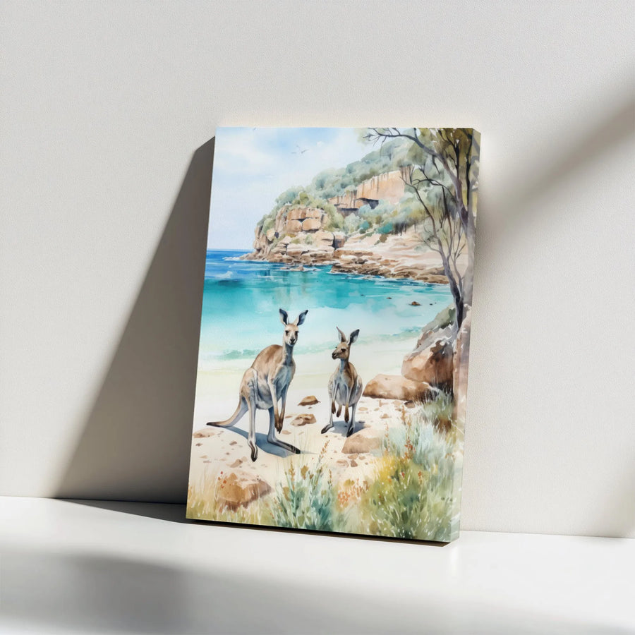 Watercolor Kangaroo Canvas Print | Coastal Australian Wildlife Scene | Thick Gallery Wrap Canvas | Collector's Gift for Nature Lover