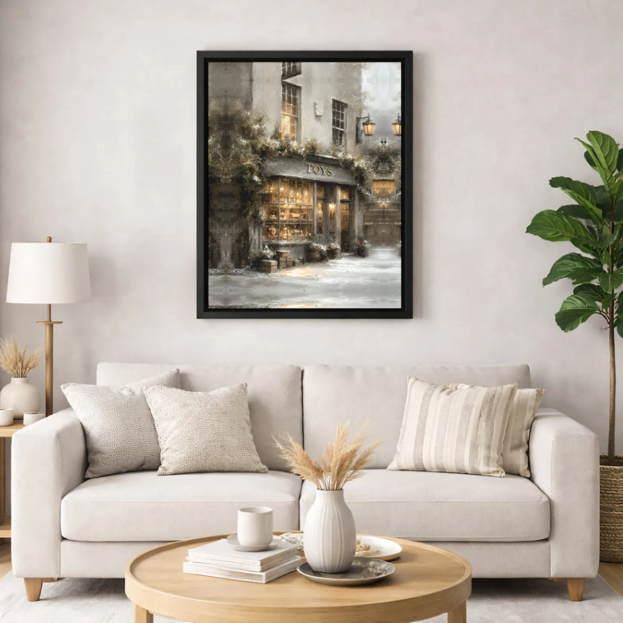Vintage Toy Shop Canvas Print | Snowy Street Winter Oil Painting | Gallery-Quality 1.25" Profile | Cozy Christmas Home Decor Wall Art