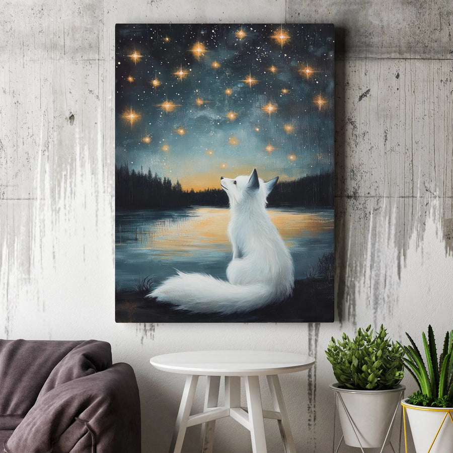 Arctic Fox Starry Night Canvas | Celestial Wildlife Art Print | Premium Frameless Gallery Wrap | Nursery Decor Collector's Gift
