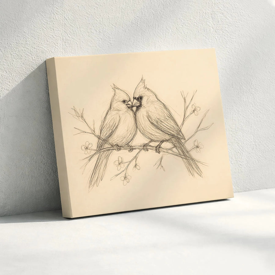 Cardinal Bird Couple Canvas Wall Art | Romantic Sketch on Branch | Premium Gallery Wrap Print | Nature-Inspired Home Decor Gift