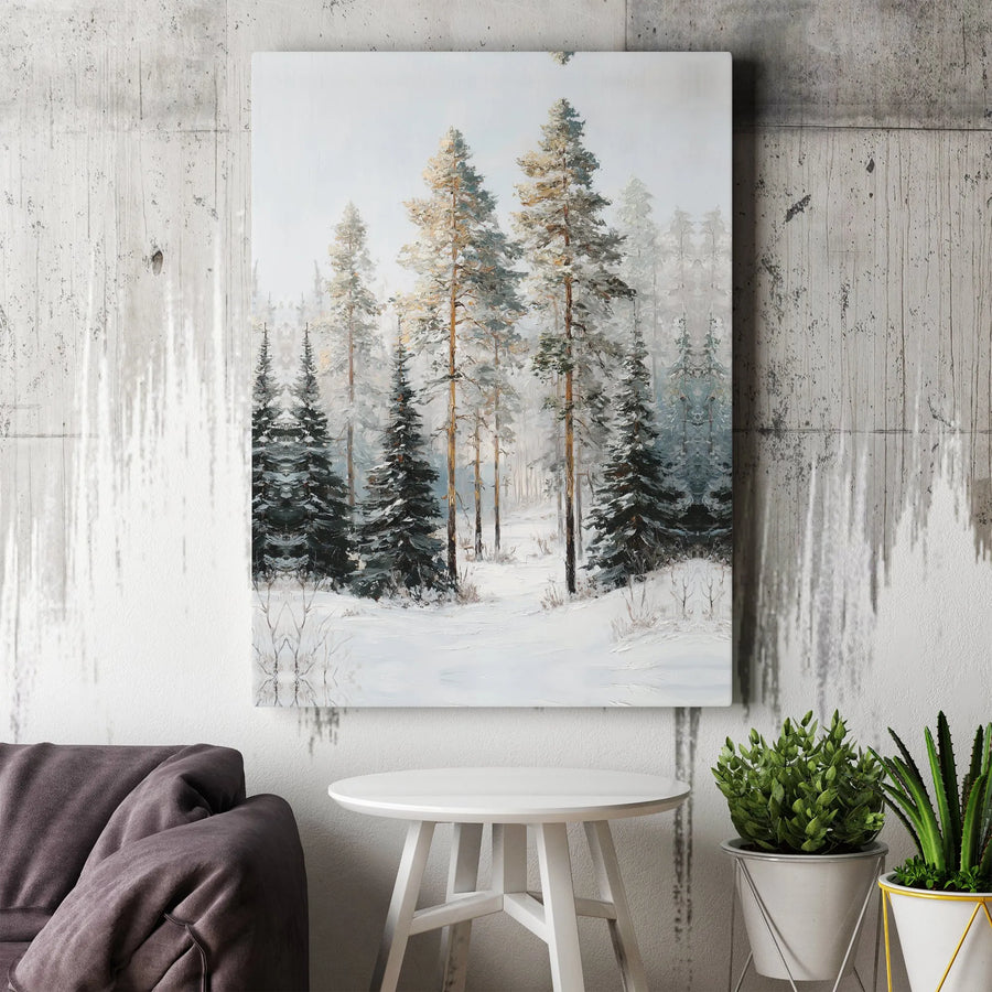 Winter Forest Canvas Print | Snowy Pine Trees Oil Painting Art | Premium Gallery Wrap Wall Decor | Nature-Inspired Landscape Gift For Home