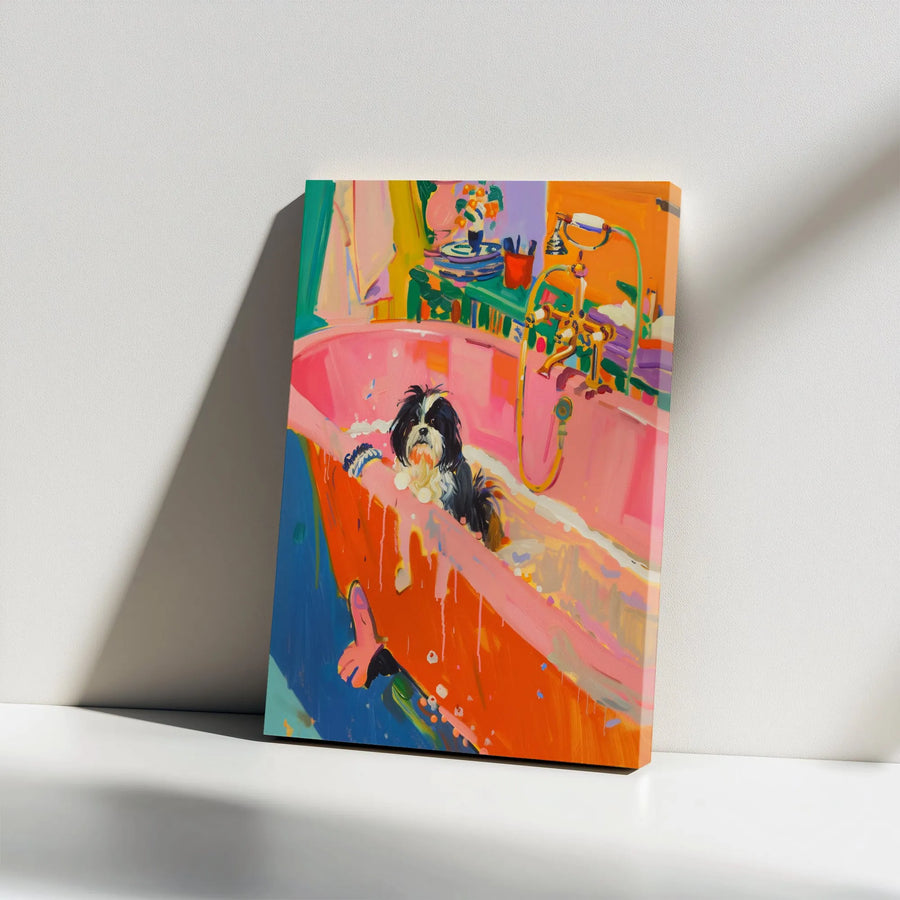 Colorful Shih Tzu Painting Canvas Print | Vibrant Pop Art Dog in Bathtub | Premium Gallery Wrapped Canvas | Unique Bathroom Decor Gift for Dog Lovers