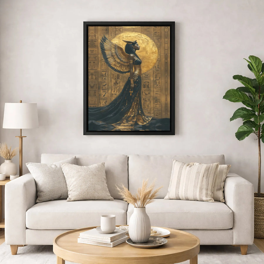 Egyptian Goddess Canvas Print | Golden Wings Ankh Wall Art | Premium Gallery Wrapped Decor | Mythological Gift For History Lovers