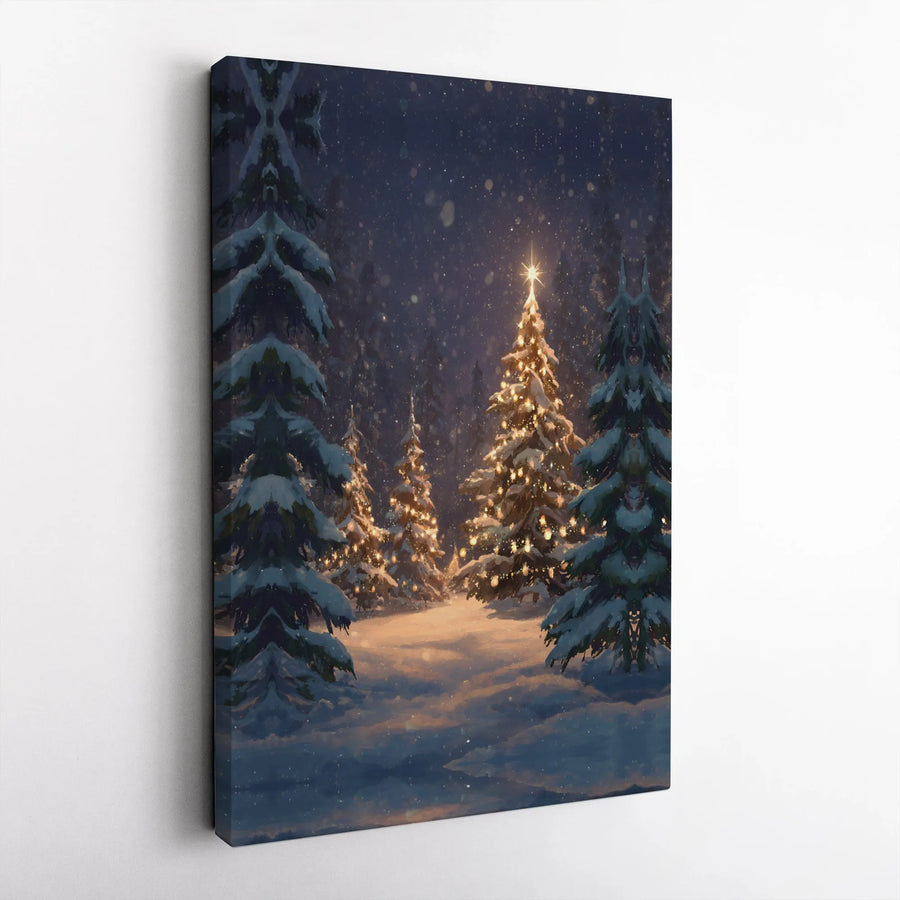 Snowy Christmas Forest Canvas | Glowing Winter Tree Night Landscape | Premium Gallery Wrap Wall Art | Cozy Holiday Home Decor Gift