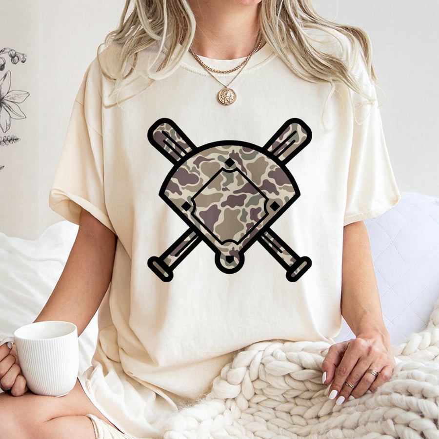 Baseball Camo T-Shirt | Crossed Bats and Field Graphic | Premium Soft Cotton | Sporty Gift for Baseball Fans and Players