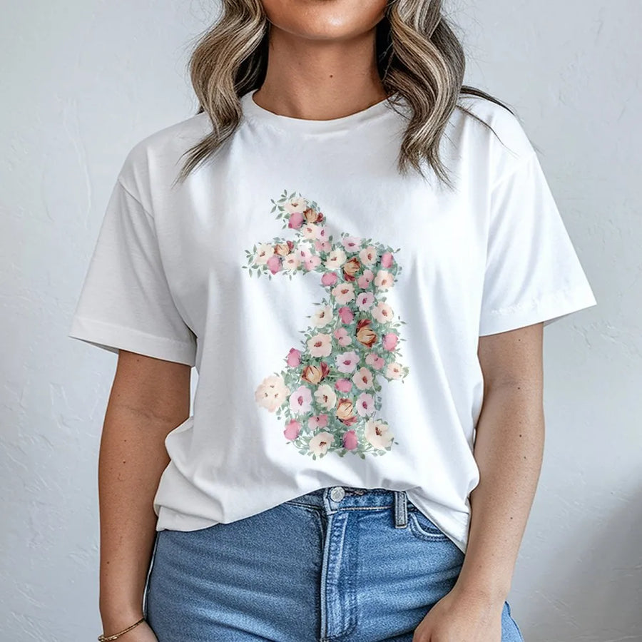 Floral Bunny T-Shirt | Watercolor Flower Rabbit Graphic | Soft Cotton Premium Tee | Easter Spring Gift for Women