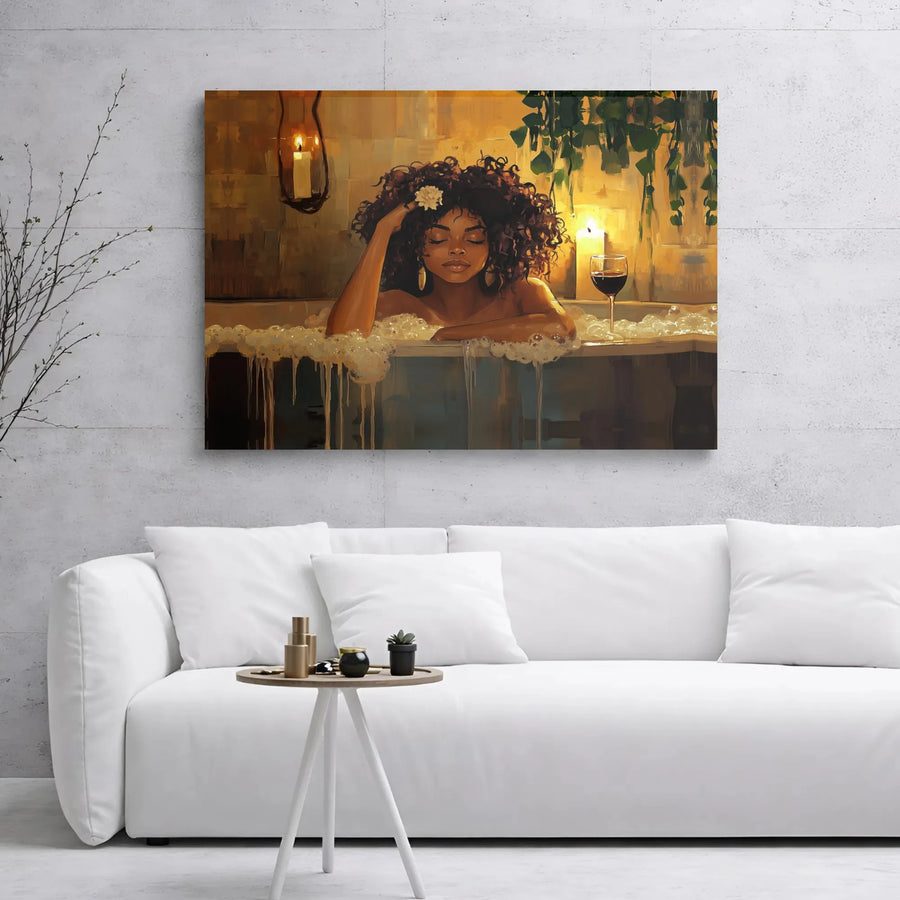 Black Woman Bathing Canvas Art | Relaxing Bubble Bath with Wine Illustration | Premium Gallery Wrap Wall Decor | Self Care Bathroom Wall Art Gift
