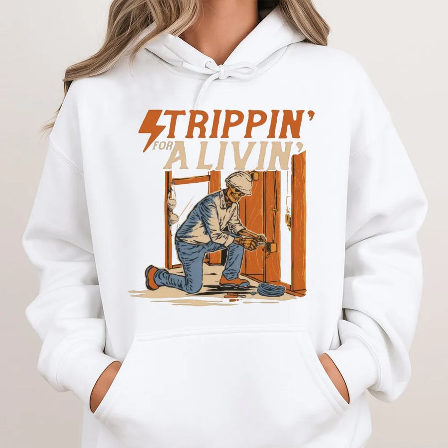 Electrician Hoodie | Strippin' For A Livin' Skeleton Graphic | Premium Cotton Blend | Funny Gift for Electrical Worker and Tradesman