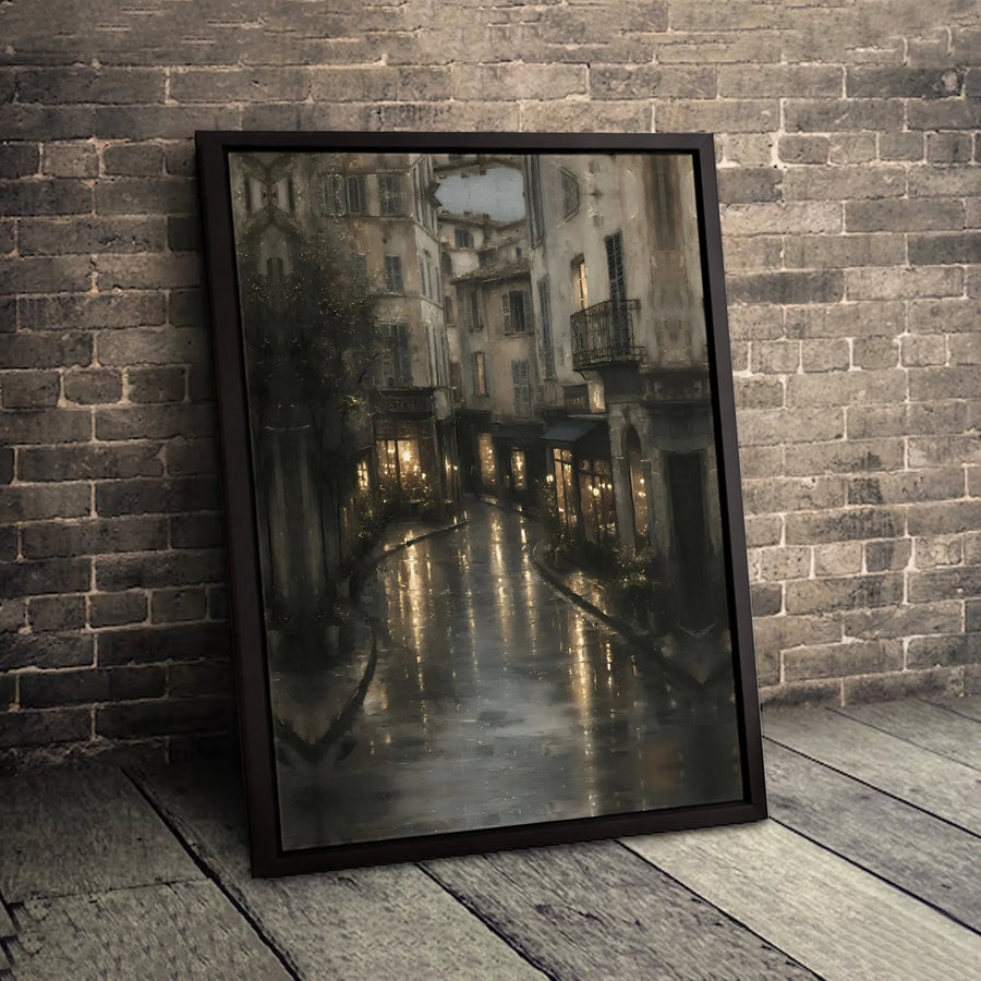 Rainy European Street Canvas Print | Atmospheric Cobblestone Alley Night View | Gallery Quality 1.25 Inch Wrap | Cozy Home Office Decor Wall Art