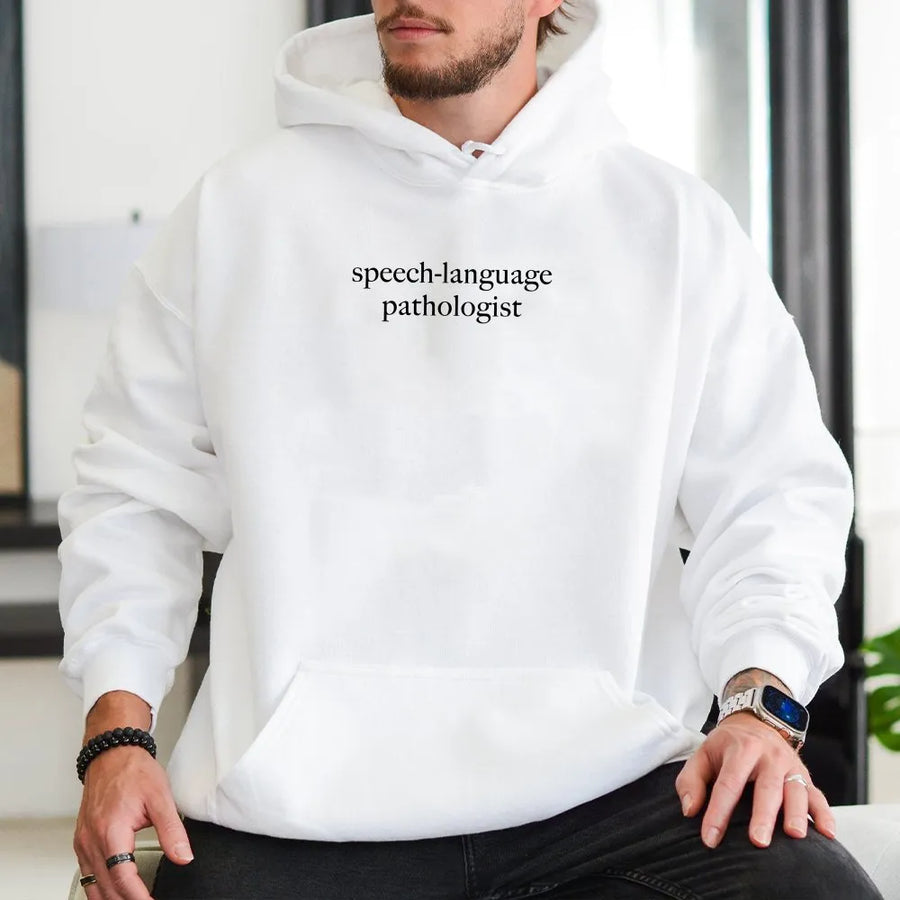 Speech Language Pathologist Hoodie | Minimalist SLP Text Design | Soft Cotton Blend Pullover | Gift for Speech Therapist, Graduation Gift