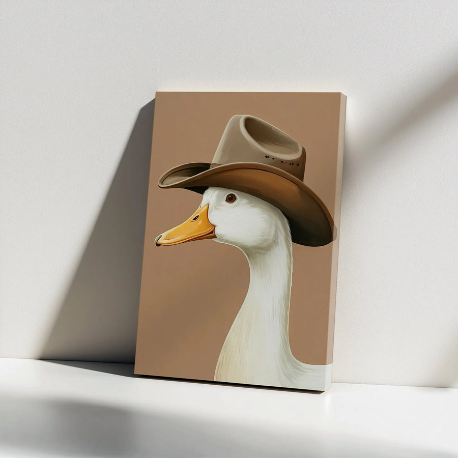 Cowboy Duck Vertical Canvas | Funny Animal Wearing Hat Portrait | Premium 1.25" Thick Gallery Wrap | Collector's Western Farmhouse Decor Gift