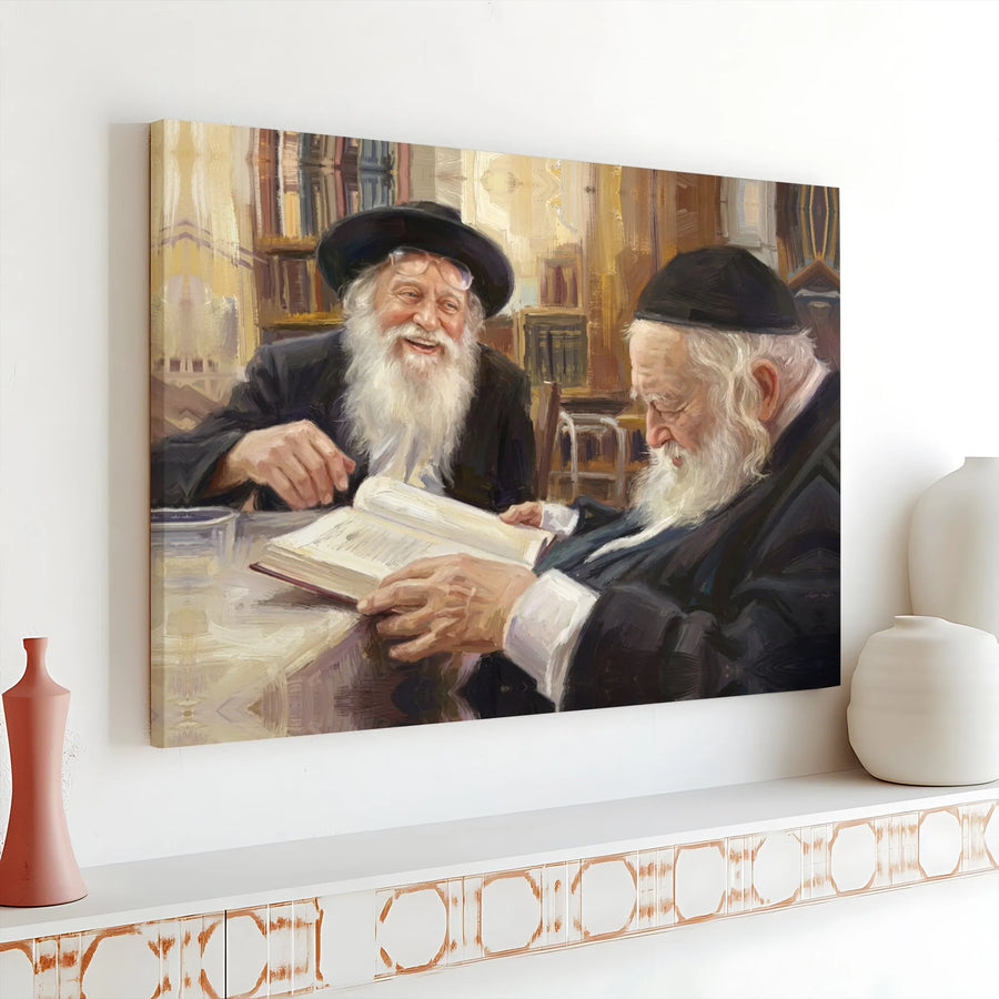 Jewish Rabbis Studying Torah Canvas | Traditional Judaica Oil Painting Style | Premium 1.25-Inch Gallery Wrap | Spiritual Home Office Decor Gift