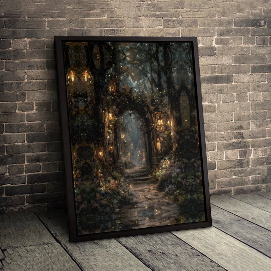 Enchanted Forest Canvas Print | Whimsical Fairy Light Pathway | Premium Gallery-Wrapped Wall Art | Magical Home Decor Gift