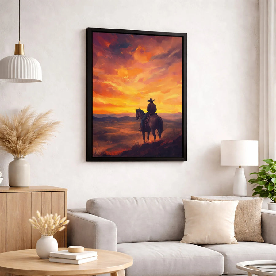 Western Cowboy Wall Art | Sunset Mountain Horse Impressionist Painting | Premium Gallery Canvas | Rustic Home Decor Gift