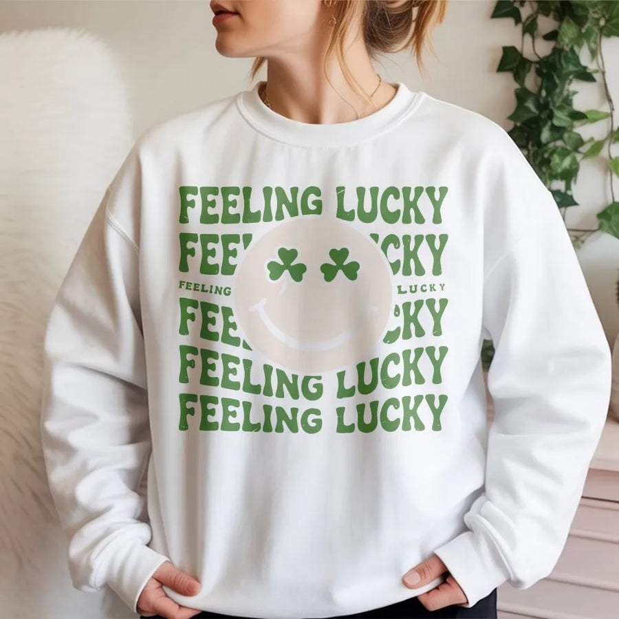 Feeling Lucky Shamrock Smiley Sweatshirt | Retro St. Patrick's Day Graphic Tee | Premium Cotton Blend | Unisex Gift For Irish Holiday Celebration