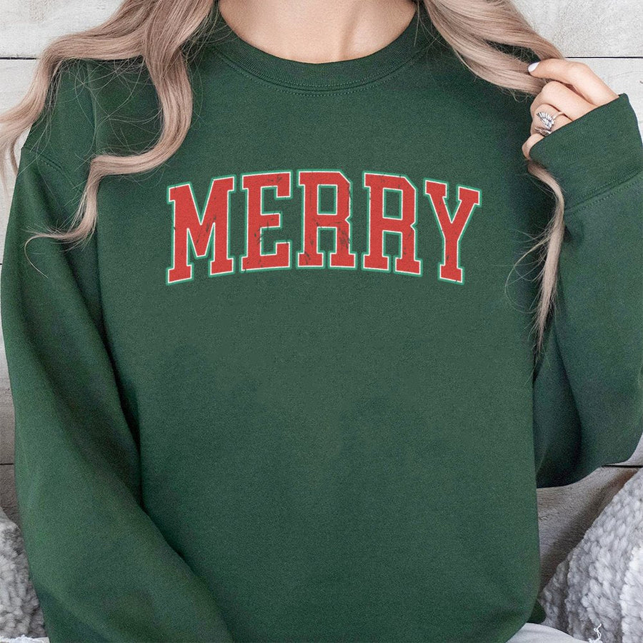 Merry Christmas Sweatshirt | Retro Varsity Lettering Graphic | Soft Cotton-Poly Blend | Cozy Holiday Gift for Women and Men