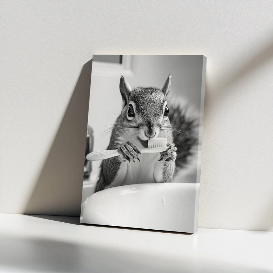 Funny Squirrel Brushing Teeth Vertical Canvas | Whimsical Black and White Animal Photography | Premium Wall Art | Unique Kids Bathroom Decor Gift