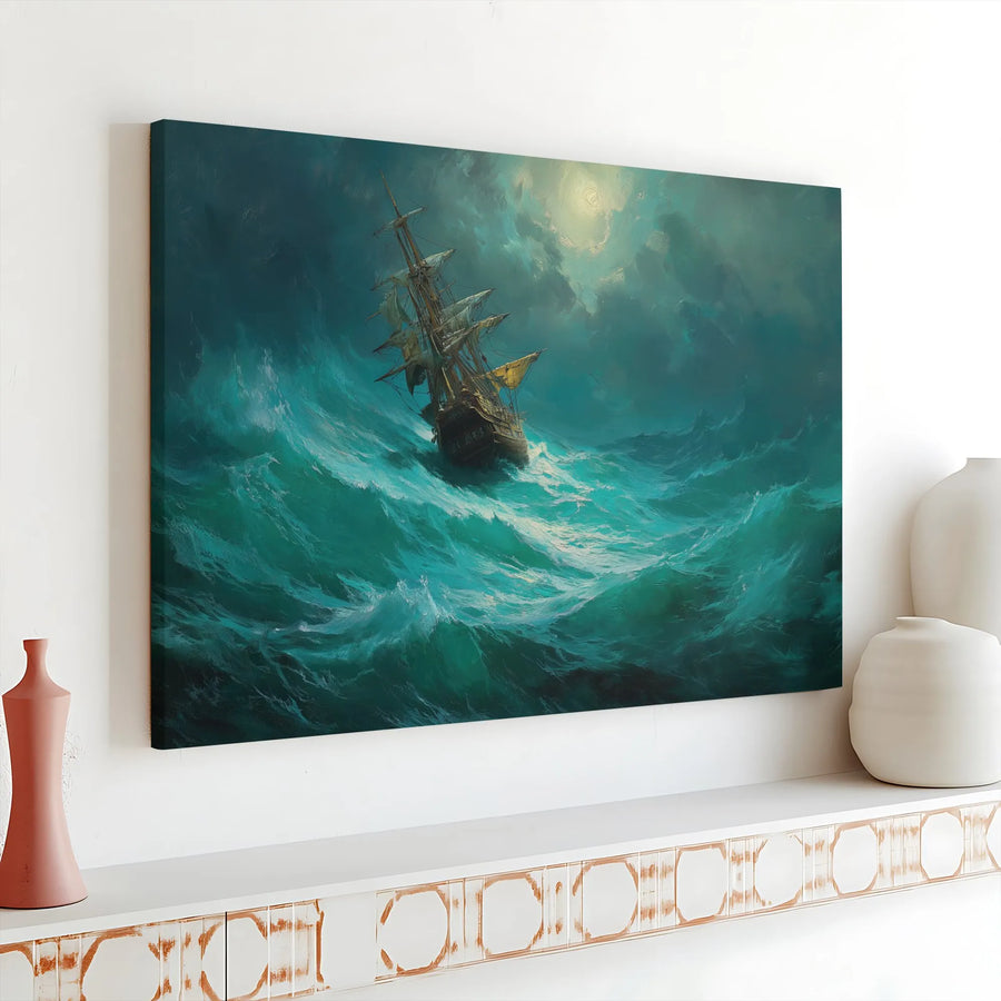 Stormy Sea Sailing Ship Canvas Print | Moody Ocean Nautical Wall Art | 1.25" Gallery Wrap Premium Canvas | Gift for Sailors and Beach House Decor