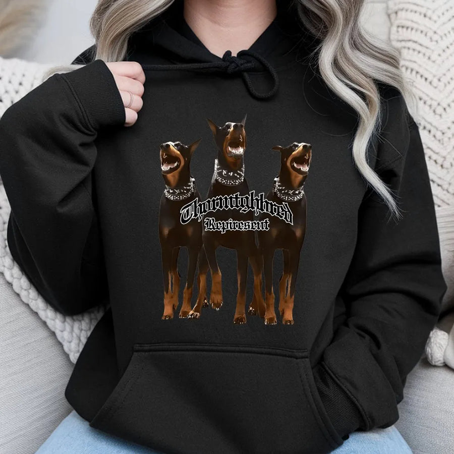 Doberman Graphic Hoodie | Triple Dog Gothic Streetwear Print | Premium Cotton Blend | Edgy Urban Gift For Dog Lovers