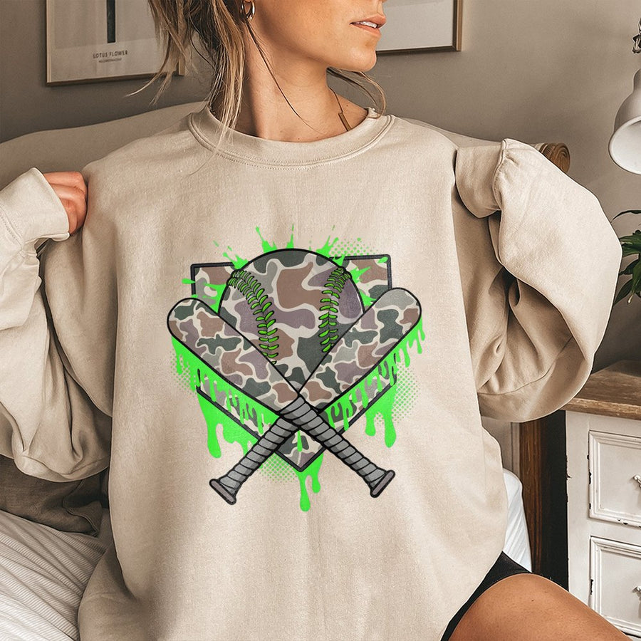 Camo Baseball Sweatshirt | Neon Green Drip Design | Cotton Blend Crewneck | Unisex Sports Apparel Gift for Baseball Players and Fans