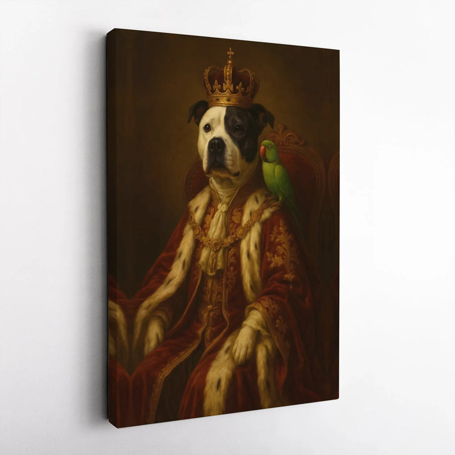 Royal Pitbull King Canvas Portrait | Renaissance Pet Wall Art with Parrot | 1.25-Inch Gallery Wrap | Funny Dog Lover Gift for Home Office