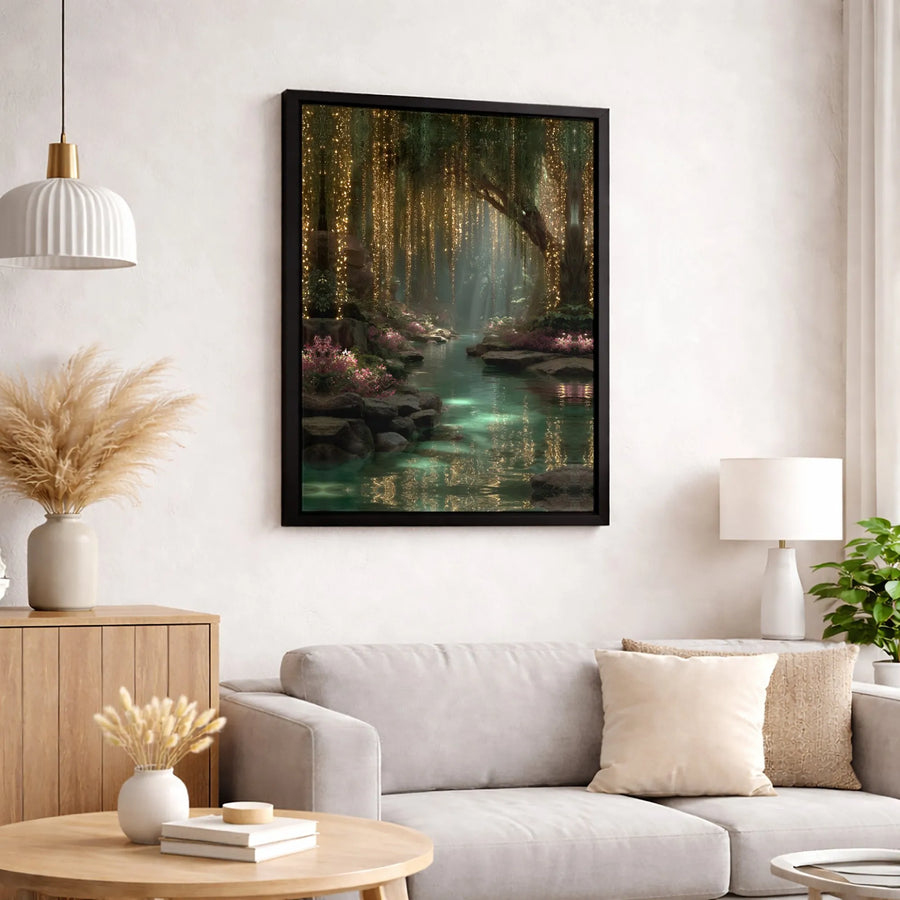 Enchanted Forest Canvas Print | Glowing Fairy Light River Landscape | Premium Fade-Resistant Wall Art | Magical Nature Decor Gift for Home