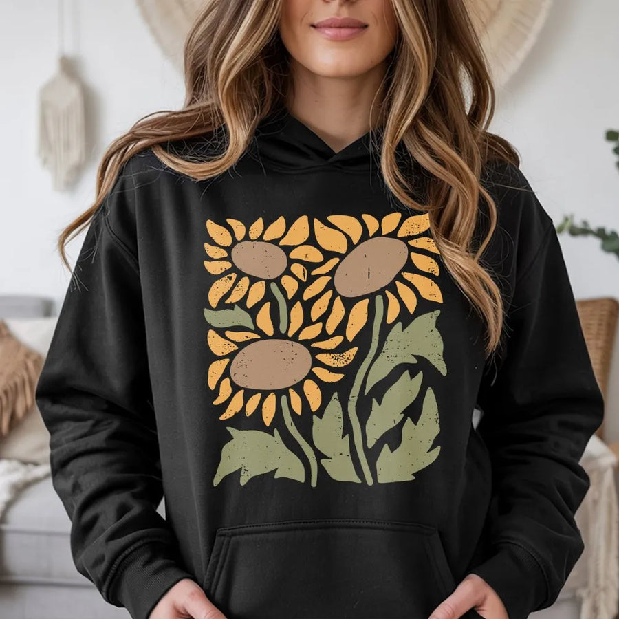 Sunflower Hoodie | Retro Boho Botanical Graphic Print | Soft Premium Cotton Blend | Aesthetic Nature Lover Gift for Women and Men
