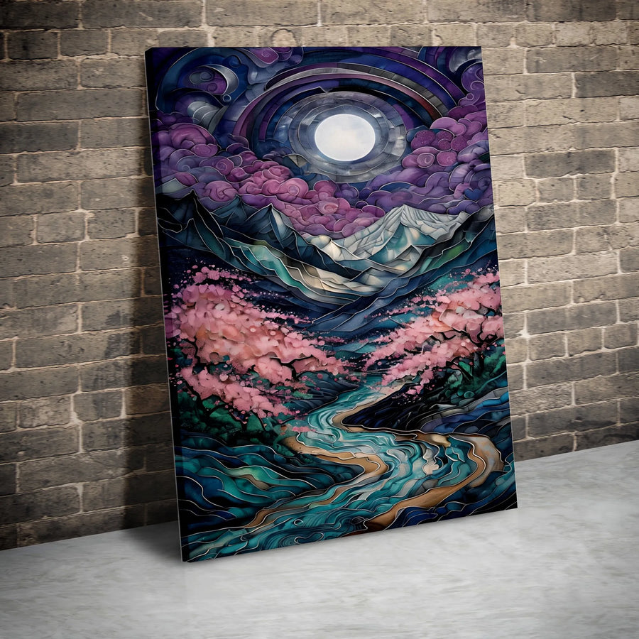 Moonlit Mountain Canvas Art | Stained Glass Style Cherry Blossom Landscape | Premium Fade-Resistant Print | Zen Home Office Wall Decor