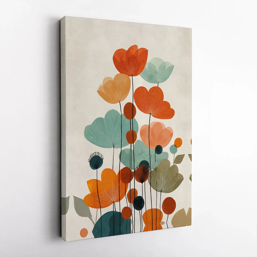 Abstract Floral Canvas Wall Art | Mid-Century Modern Flower Illustration | Premium Gallery Wrapped Print | Living Room Decor Gift