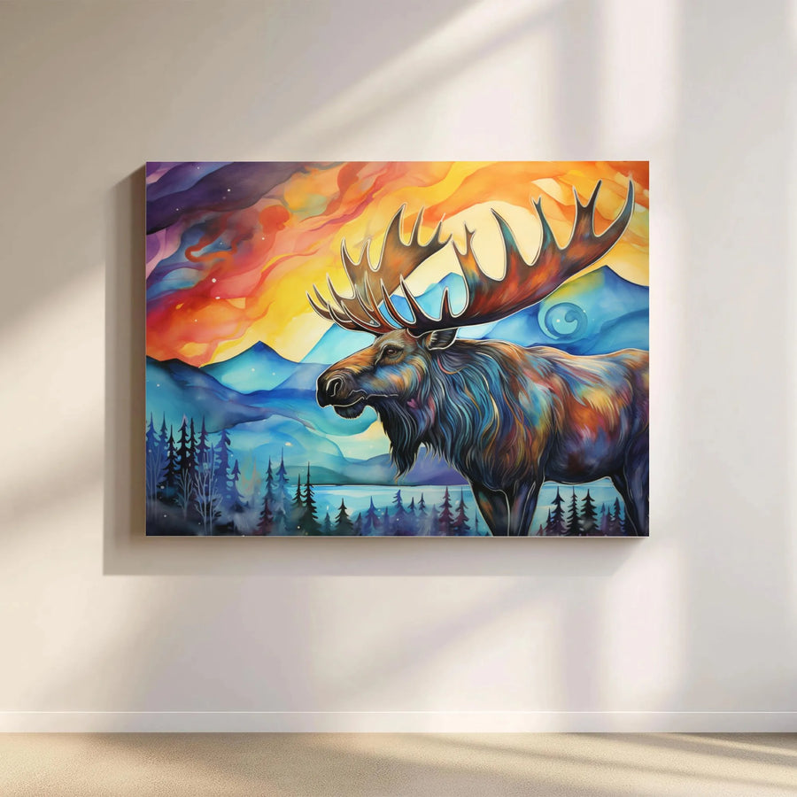 Abstract Moose Canvas Wall Art | Colorful Mountain Forest Sunset Print | Premium 1.25-Inch Gallery Wrap | Wildlife Nature Home Decor Gift