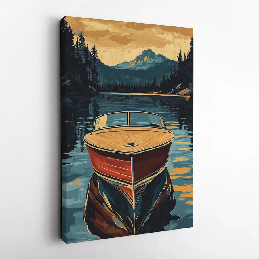 Vintage Boat Canvas Wall Art | Retro Wooden Speedboat on Mountain Lake | Premium Fade-Resistant Print | Lake House & Cabin Decor Gift