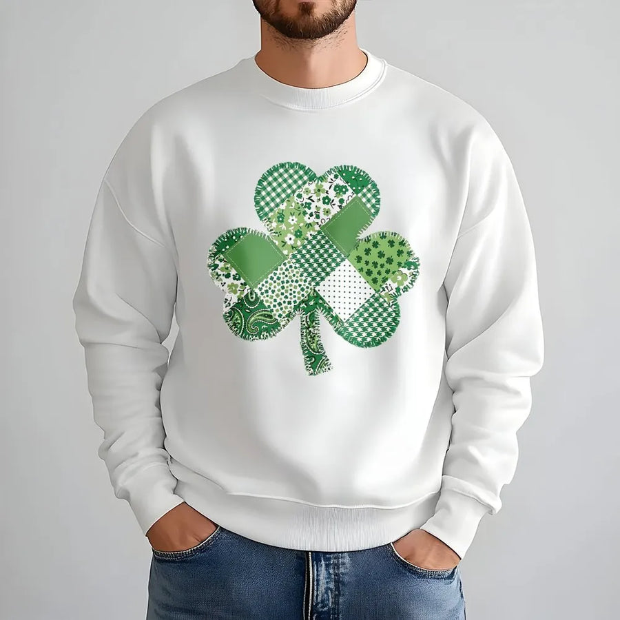 St Patricks Day Sweatshirt | Irish Patchwork Shamrock Clover Graphic | Cotton Blend Unisex Crewneck | Lucky Holiday Gift for Women and Men