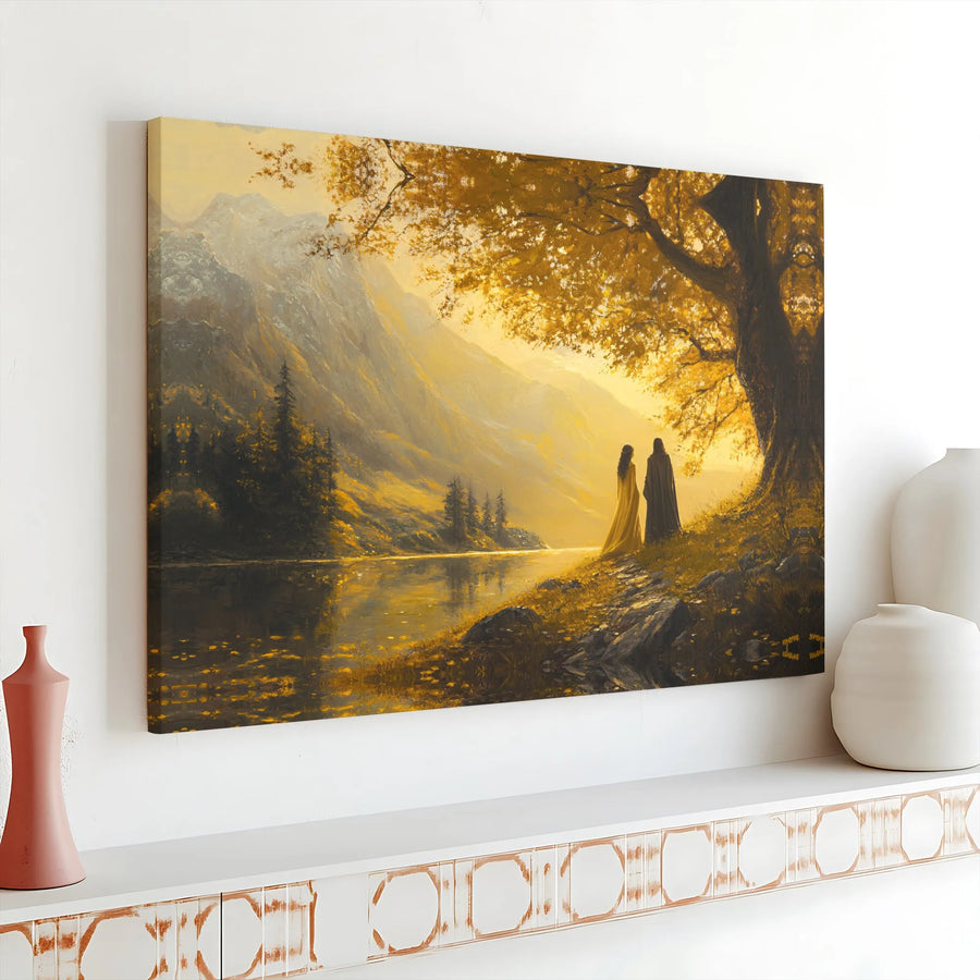 Fantasy Landscape Canvas Wall Art | Golden Forest Lake Couple Print | Premium Gallery Wrap Decor | Romantic Home Office Artwork Gift