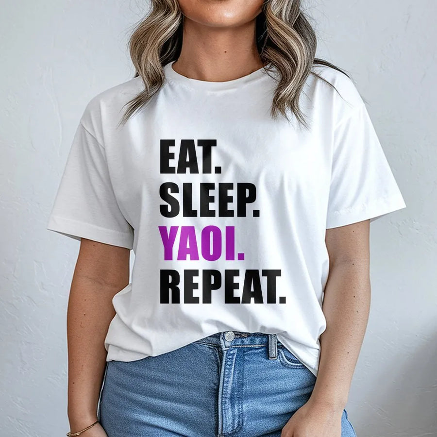 Eat Sleep Yaoi Repeat T-Shirt | Funny Manga Graphic Tee | Premium 100% Cotton | Perfect Gift for Otaku Anime Fans