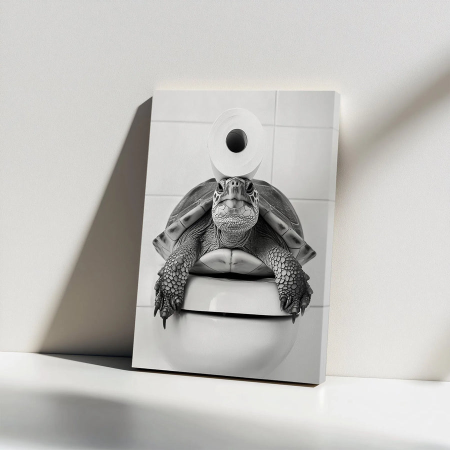 Funny Turtle on Toilet Canvas Wall Art | Black and White Bathroom Decor | Premium Gallery Wrap Print | Quirky Animal Restroom Wall Hanging