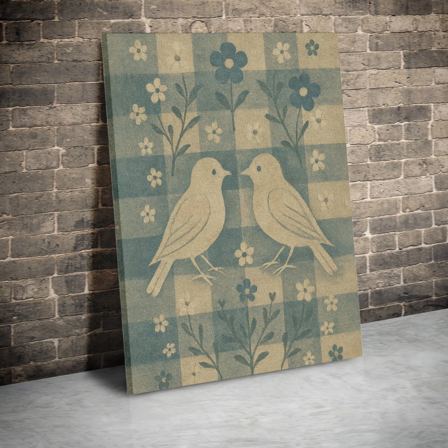 Vintage Bird Wall Art | Folk Art Floral Gingham Canvas Print | Premium Gallery Wrapped Decor | Farmhouse Living Room Aesthetic