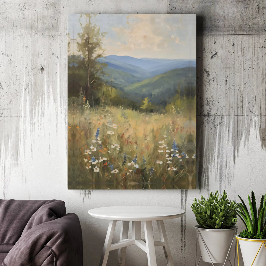 Wildflower Meadow Canvas Art | Impressionist Mountain Landscape Painting Print | Premium Gallery Wrapped Canvas | Rustic Farmhouse Wall Decor Gift