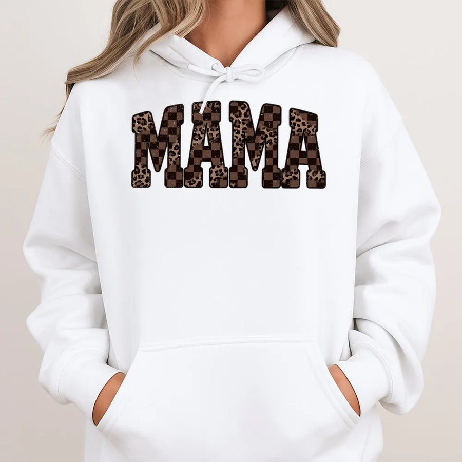 Retro Mama Hoodie | Leopard & Checkerboard Graphic Print | Soft Cotton Blend Pullover | Mothers Day Gift for Mom
