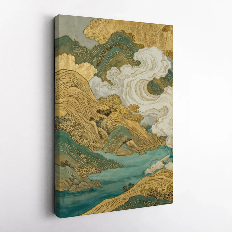 Japanese Landscape Vertical Canvas Art Print | Traditional Gold Foil Style Mountain & Wave Scene | Premium 1.25-Inch Gallery Wrap | Zen Living Room Home Decor & Gift