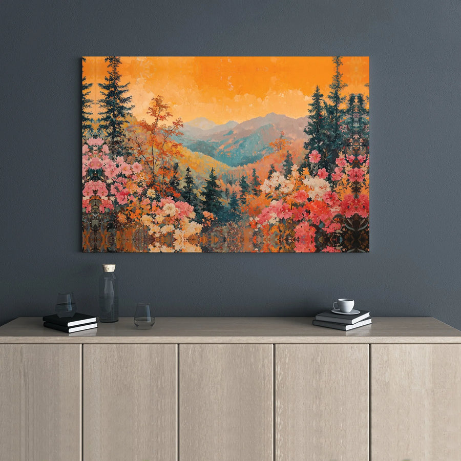 Autumn Mountain Valley Canvas Print | Impressionist Forest Landscape with Flowers | Premium Gallery-Wrapped Wall Art | Nature-Inspired Home Decor