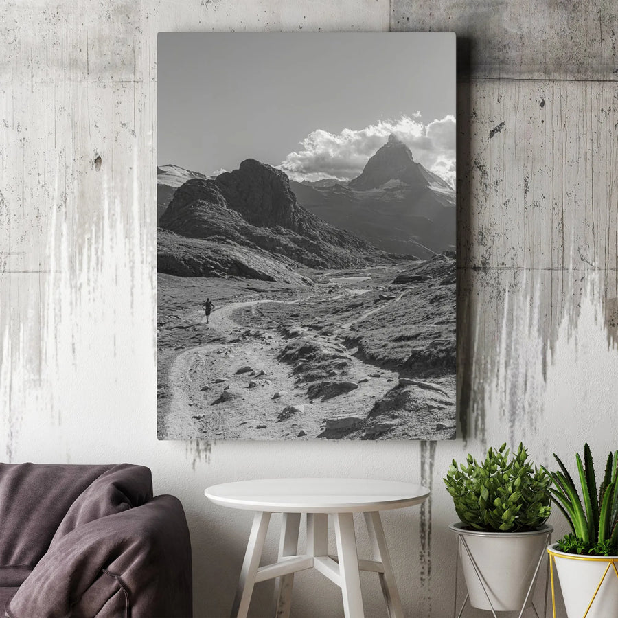 Matterhorn Mountain Canvas Wall Art | Black and White Hiker Landscape | Premium Gallery Wrap Print | Adventure Decor Gift for Hikers