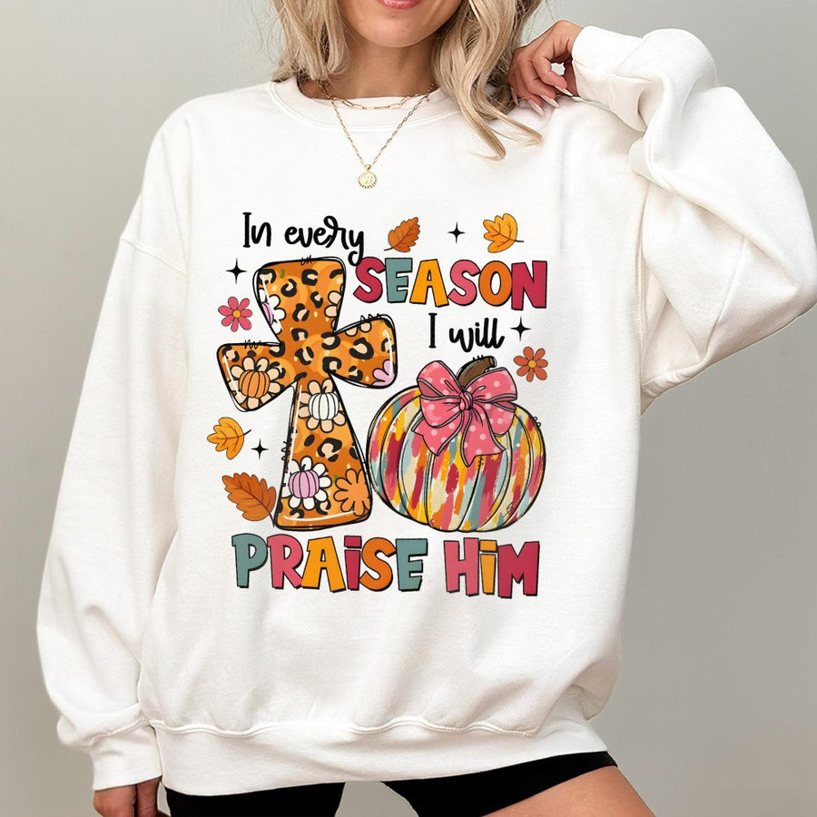 In Every Season I Will Praise Him Sweatshirt | Leopard Cross Pumpkin Fall Graphic | Christian Faith Gift | Unisex Autumn Crewneck