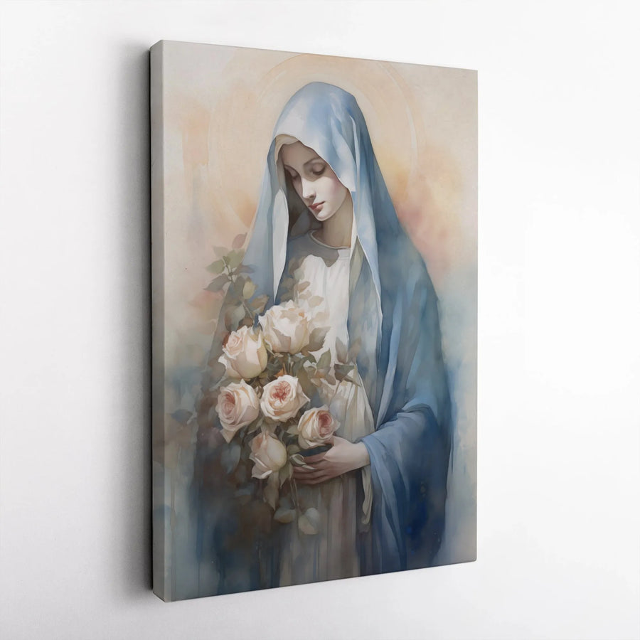 Virgin Mary Wall Art | Watercolor Religious Canvas Print | Premium Gallery Wrapped Decor | Christian Home Gift for Mother