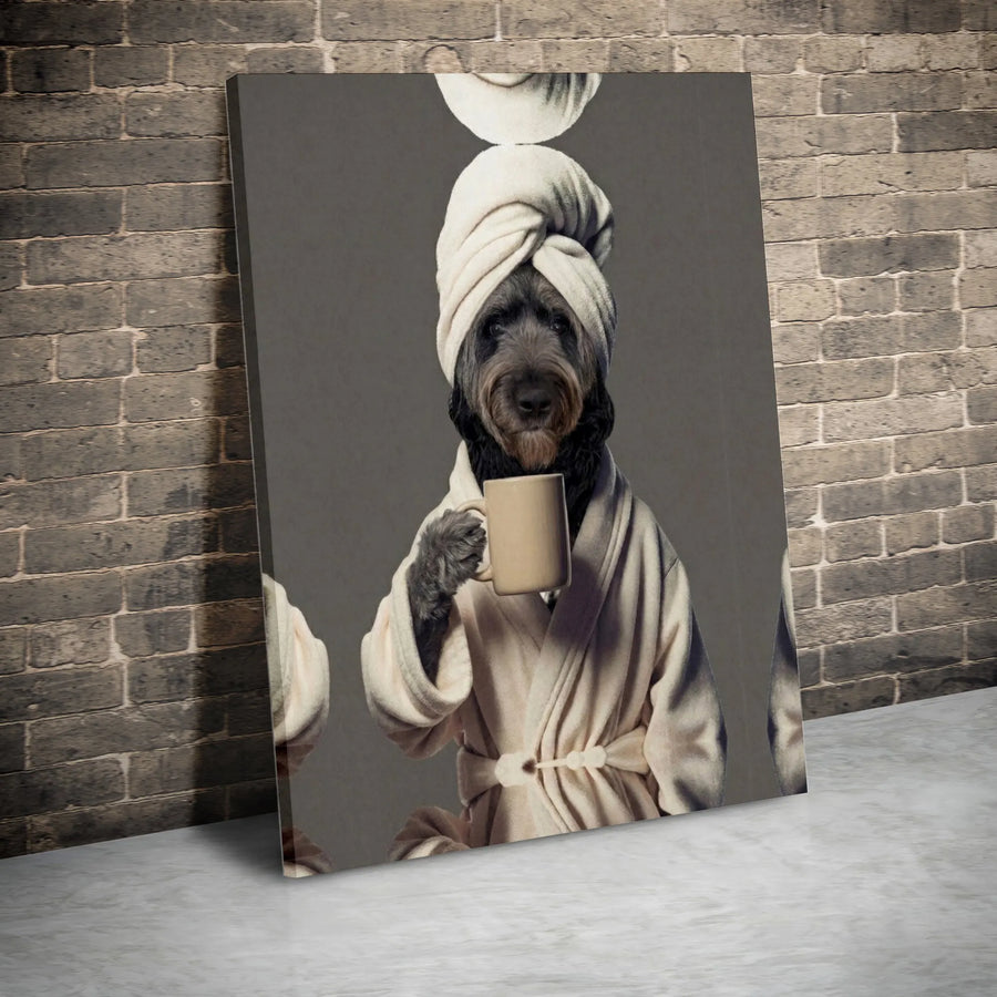 Funny Dog in Bathrobe Canvas Print | Relaxing Morning Coffee Dog Portrait | Premium Matte Canvas | Unique Bathroom Decor Gift for Dog Mom