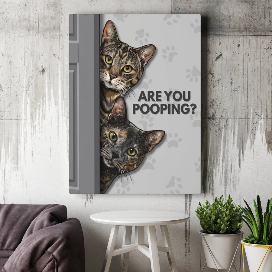Funny Cat Bathroom Wall Art | 'Are You Pooping?' Peeking Cats Sign | Premium Gallery Wrap Canvas | Humorous Restroom Decor Gift for Cat Lovers