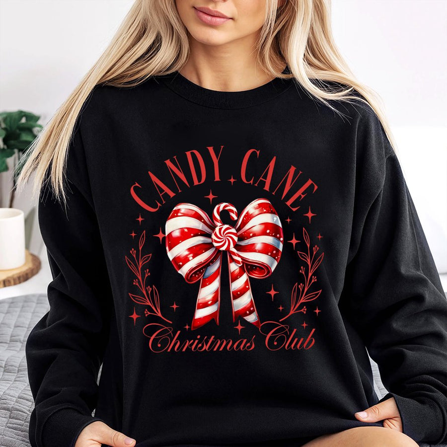 Candy Cane Christmas Club Sweatshirt | Festive Holiday Ribbon Graphic | Soft Cotton Blend | Cozy Gift for Women and Holiday Party Lovers
