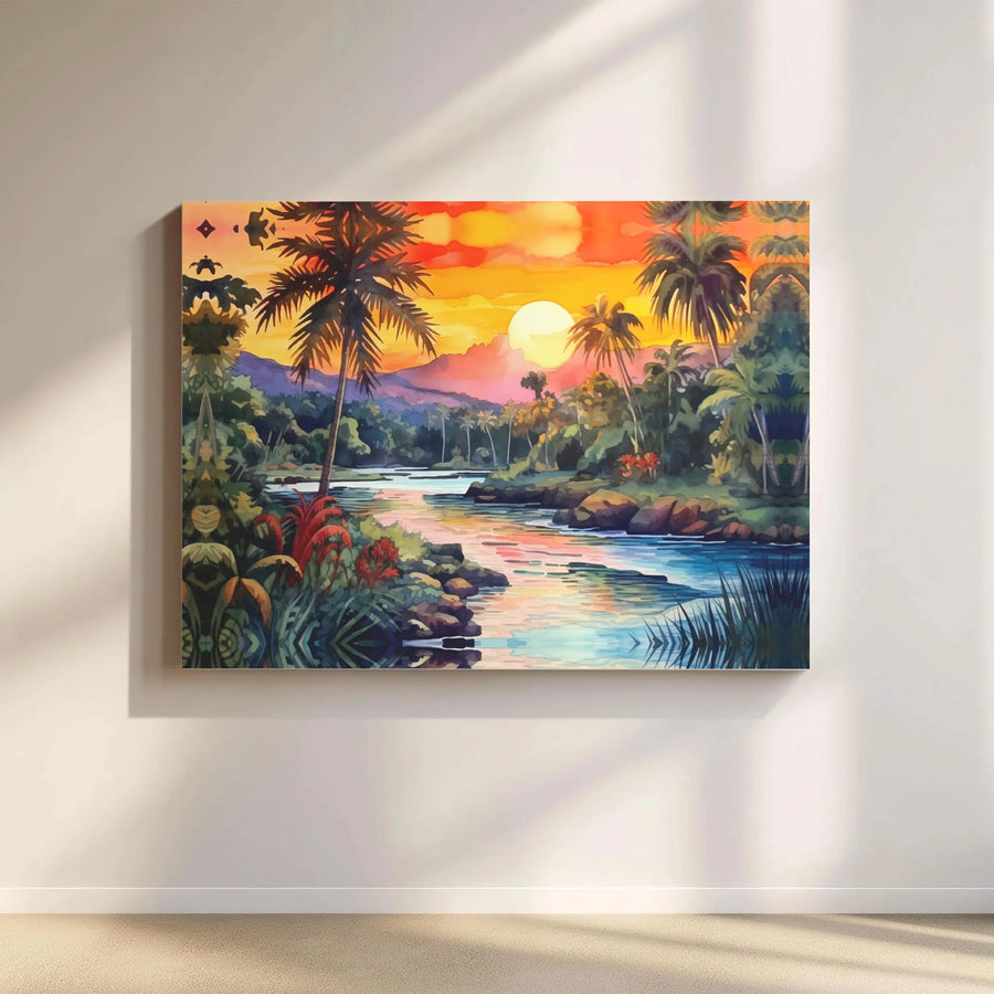 Tropical Sunset Wall Art | Vibrant River and Palm Tree Landscape | Premium Gallery-Wrapped Canvas | Coastal Home Decor Gift for Living Room