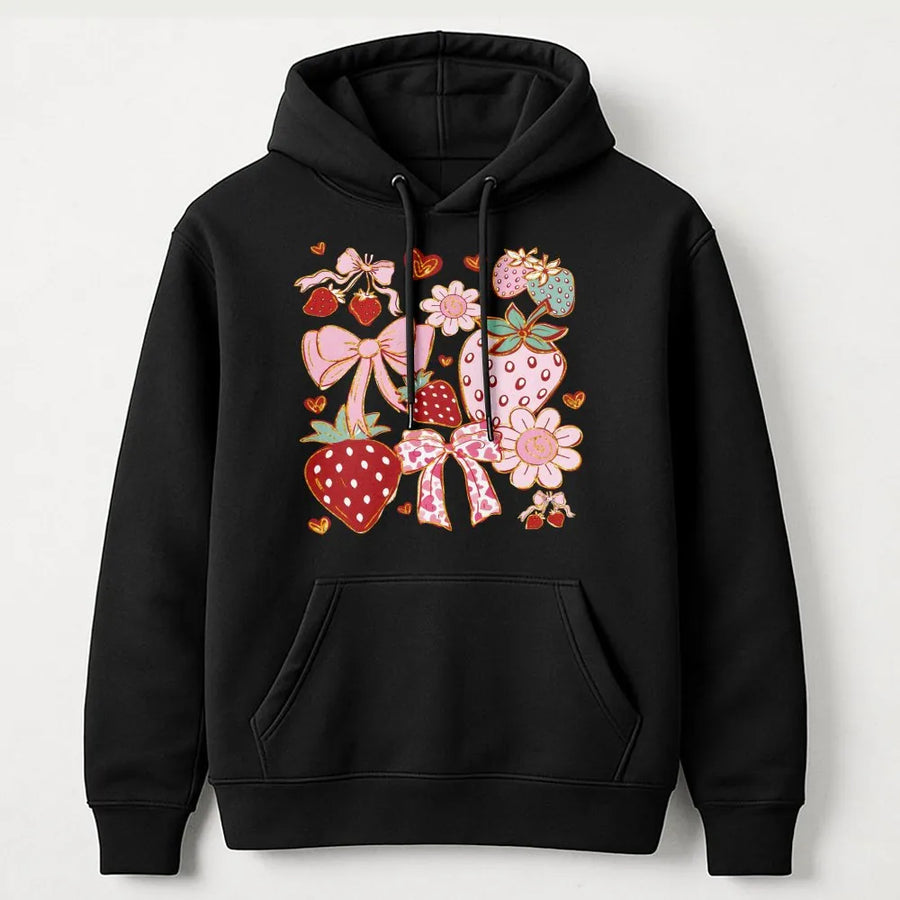 Strawberry Coquette Hoodie | Aesthetic Bow and Floral Graphic | Premium Cotton Blend | Cute Cottagecore Gift for Her